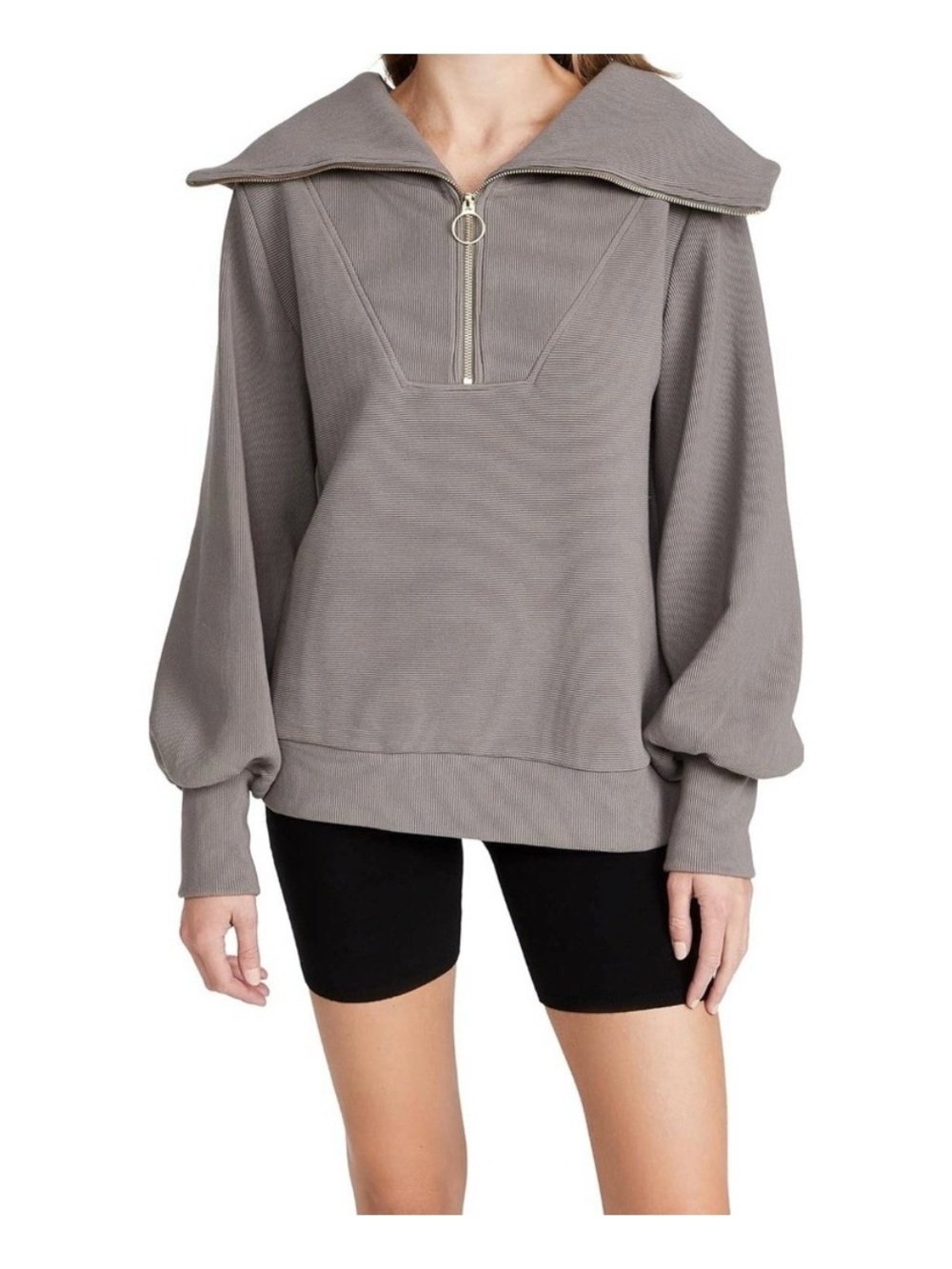 Varley Vine Half Zip Pullover Ottoman Rib Oversized Collar Sweatshirt Gray